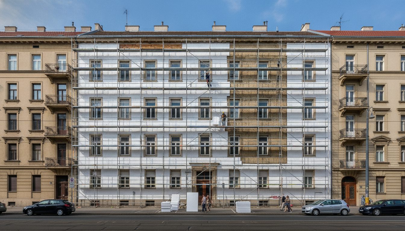 Homlokzati hőszigetelés Budapest – EPS lemezek felszerelése társasház homlokzatán