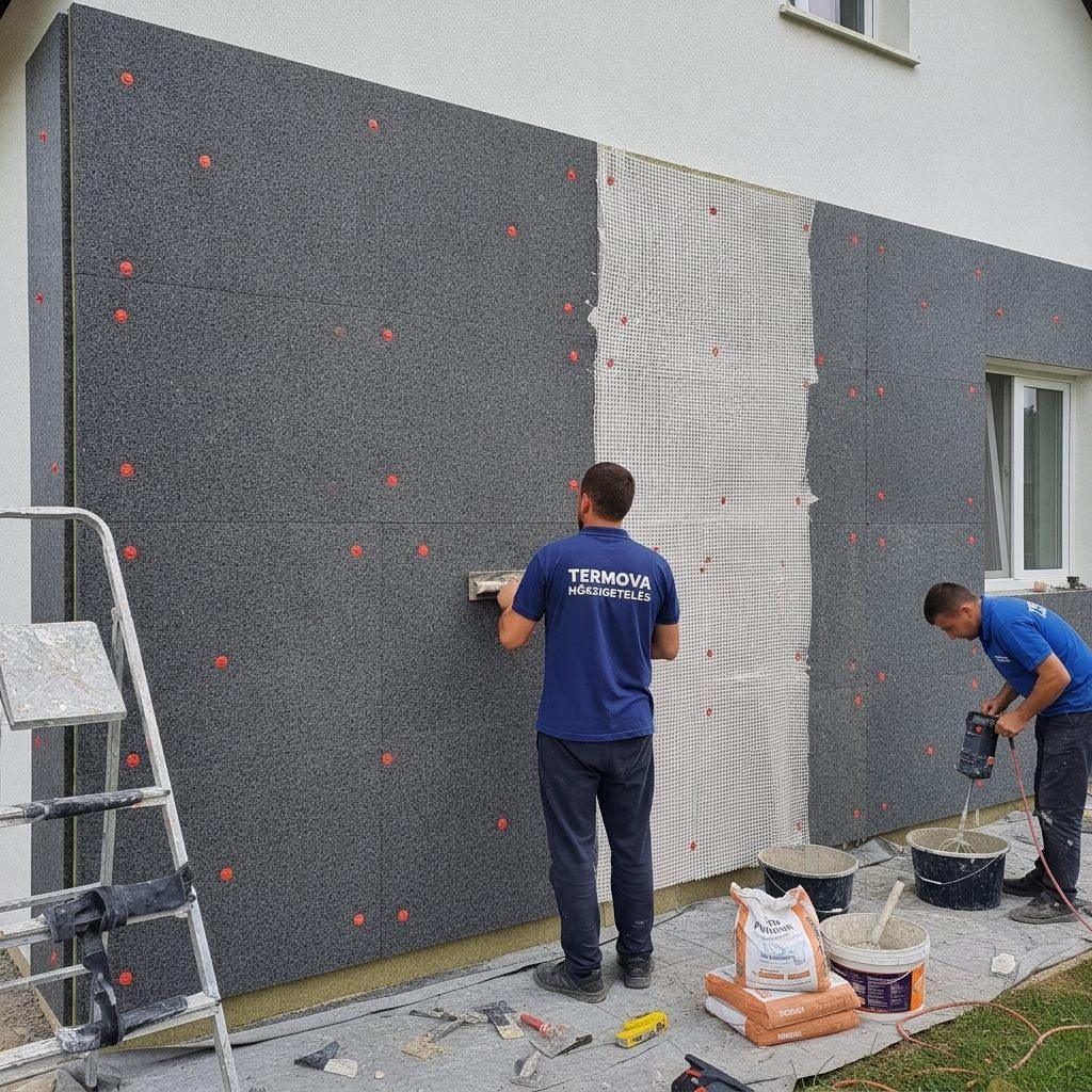 Grafitos EPS hőszigetelés – üvegszövet háló beágyazása a homlokzati rétegrendbe
