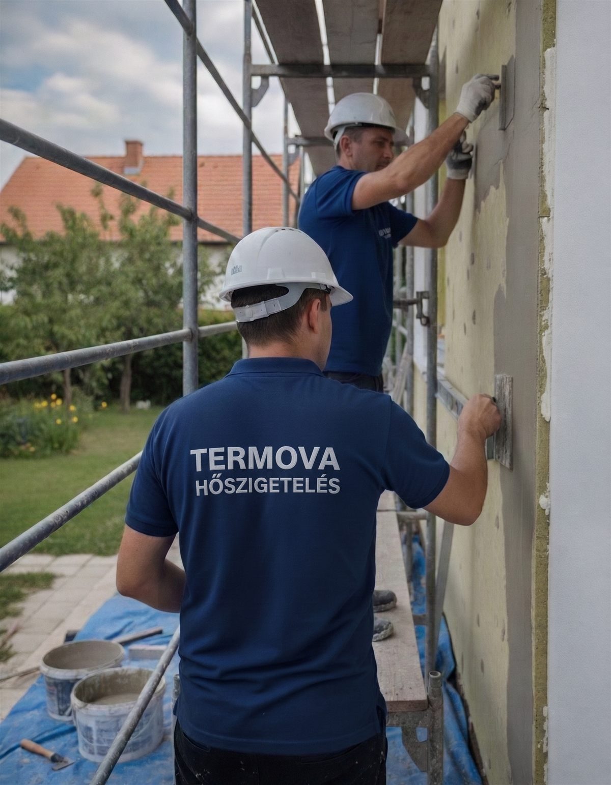 A Termova Hőszigetelés csapata munka közben – hőszigetelő rendszer glettelése állványról